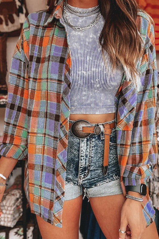 Orange Plaid Print Loose Vintage Shirt