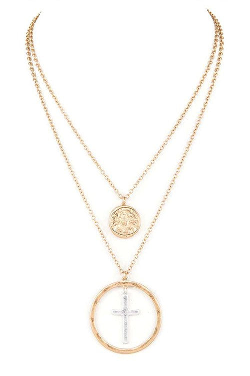 Mix Tone Cross Coin Pendant Necklace