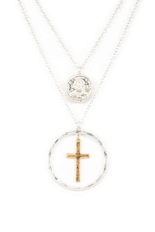 Mix Tone Cross Coin Pendant Necklace