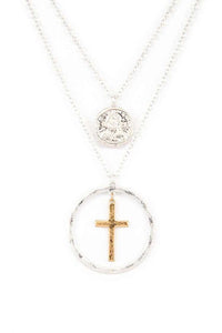 Mix Tone Cross Coin Pendant Necklace