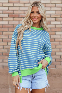 Stripe Contrast Trim High Low Pullover Sweatshirt