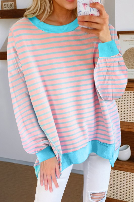 Stripe Contrast Trim High Low Pullover Sweatshirt