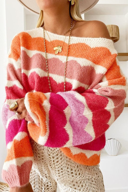 Rose Red Wave Striped Balloon Sleeve Drop Sweater