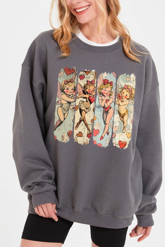 Retro Cupid Graphic Fleece Sweatshirt