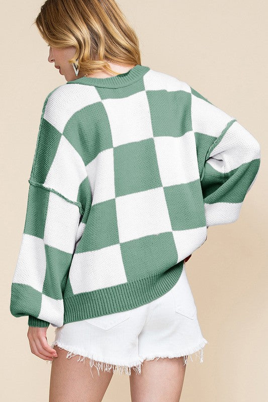 Women Checkered Bishop Sleeve Sweater