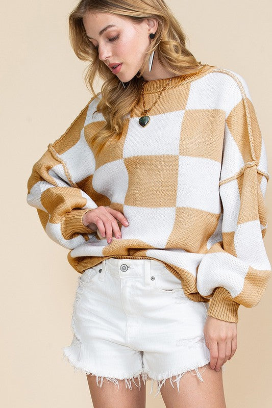 Women Checkered Bishop Sleeve Sweater