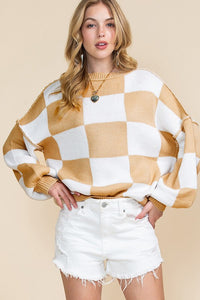 Women Checkered Bishop Sleeve Sweater