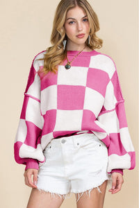 Women Checkered Bishop Sleeve Sweater