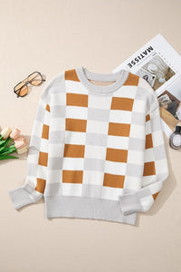 Checkered Ribbed Edge O Neck Drop Shoulder Sweater