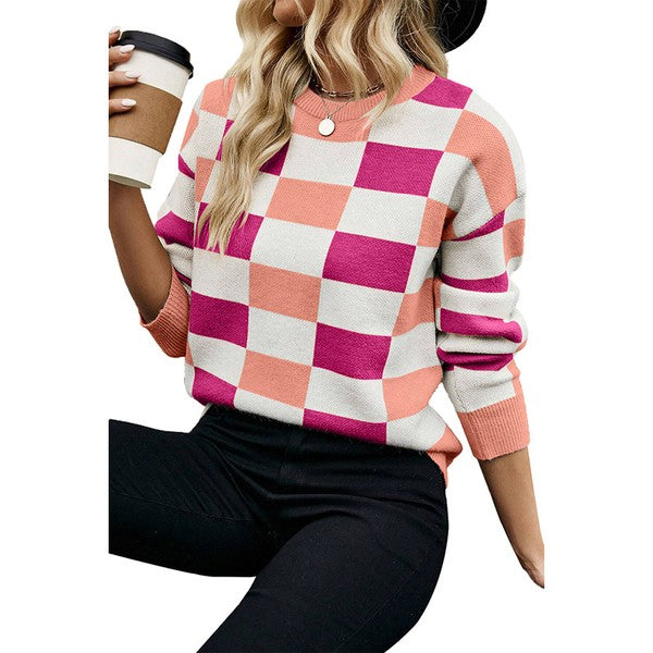 Checkered Ribbed Edge O Neck Drop Shoulder Sweater