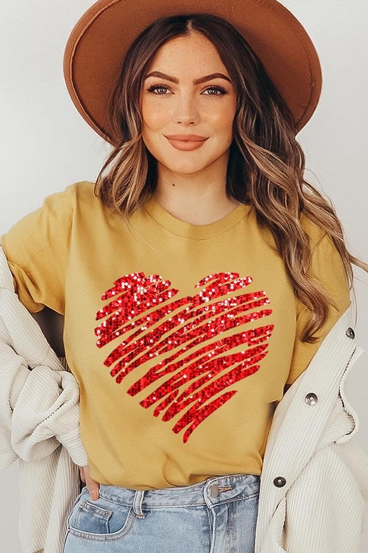 Faux Sequins Scribble Heart Graphic Tee