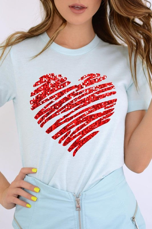 Faux Sequins Scribble Heart Graphic Tee