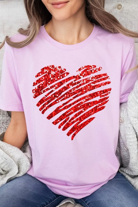 Faux Sequins Scribble Heart Graphic Tee