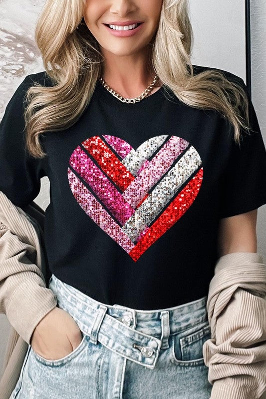 Faux Sequins Striped Heart Graphic Tee