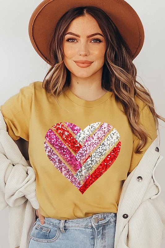 Faux Sequins Striped Heart Graphic Tee