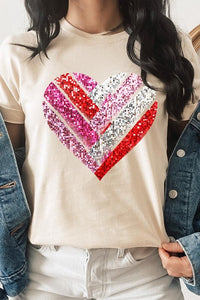 Faux Sequins Striped Heart Graphic Tee