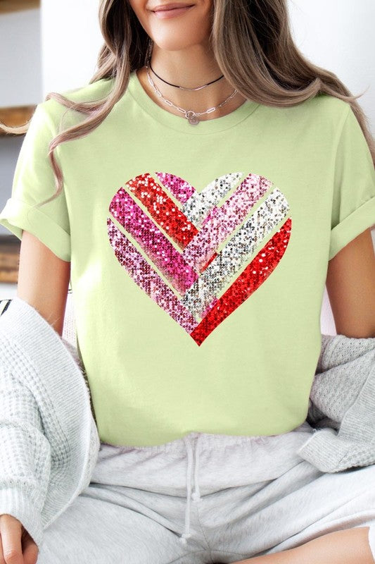 Faux Sequins Striped Heart Graphic Tee