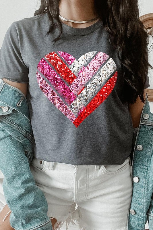 Faux Sequins Striped Heart Graphic Tee