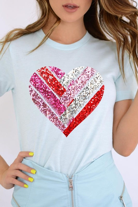 Faux Sequins Striped Heart Graphic Tee