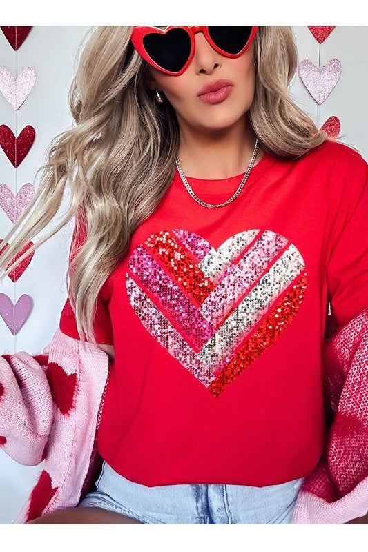 Faux Sequins Striped Heart Graphic Tee