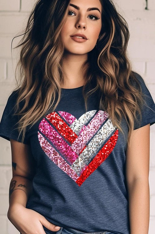 Faux Sequins Striped Heart Graphic Tee