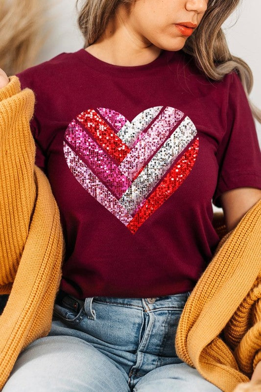 Faux Sequins Striped Heart Graphic Tee