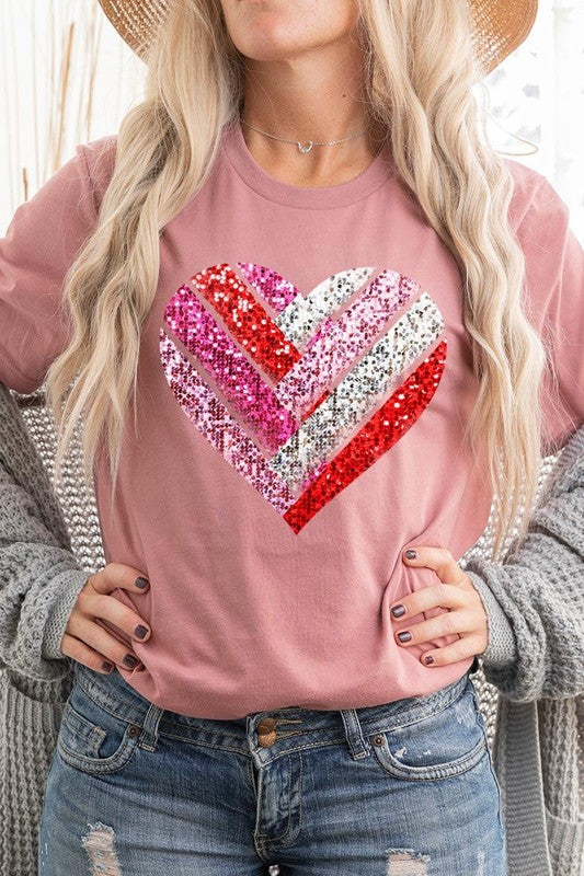 Faux Sequins Striped Heart Graphic Tee