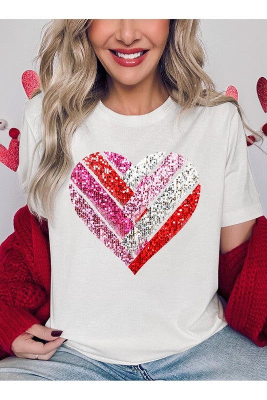 Faux Sequins Striped Heart Graphic Tee