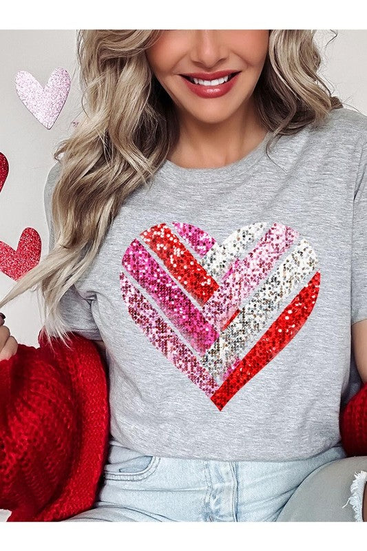 Faux Sequins Striped Heart Graphic Tee