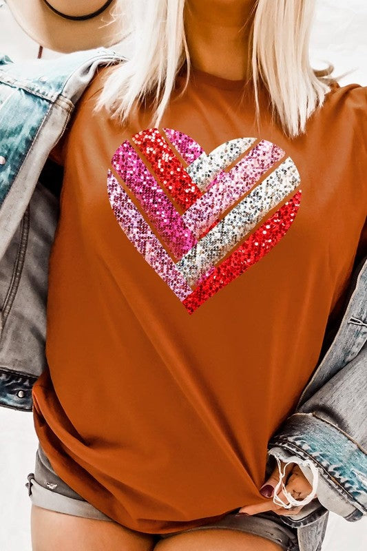 Faux Sequins Striped Heart Graphic Tee