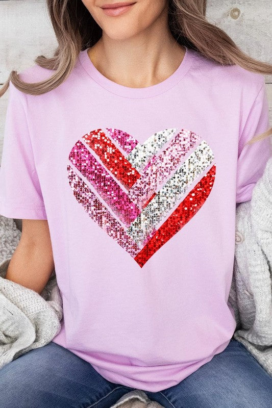 Faux Sequins Striped Heart Graphic Tee