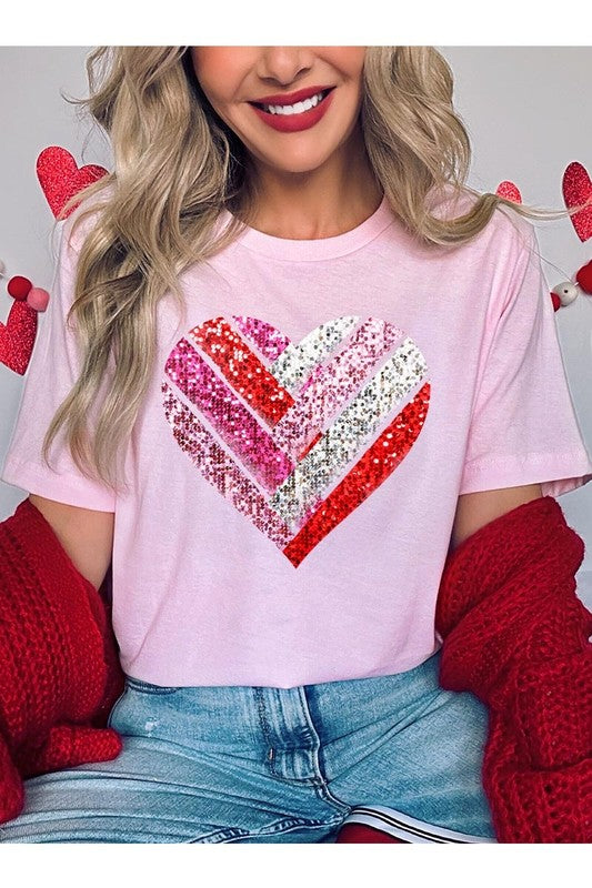 Faux Sequins Striped Heart Graphic Tee