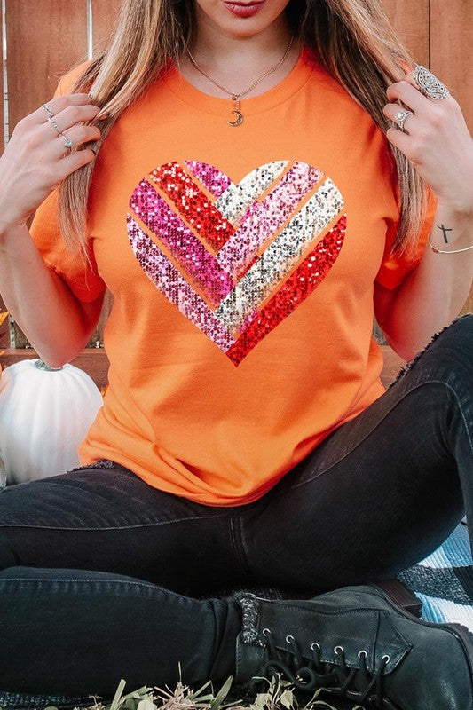 Faux Sequins Striped Heart Graphic Tee