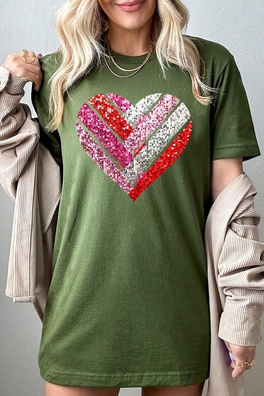 Faux Sequins Striped Heart Graphic Tee