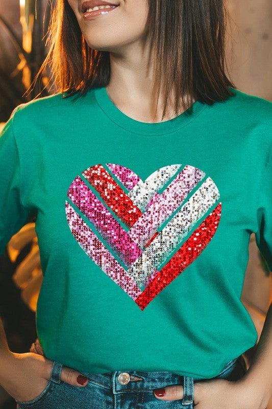 Faux Sequins Striped Heart Graphic Tee