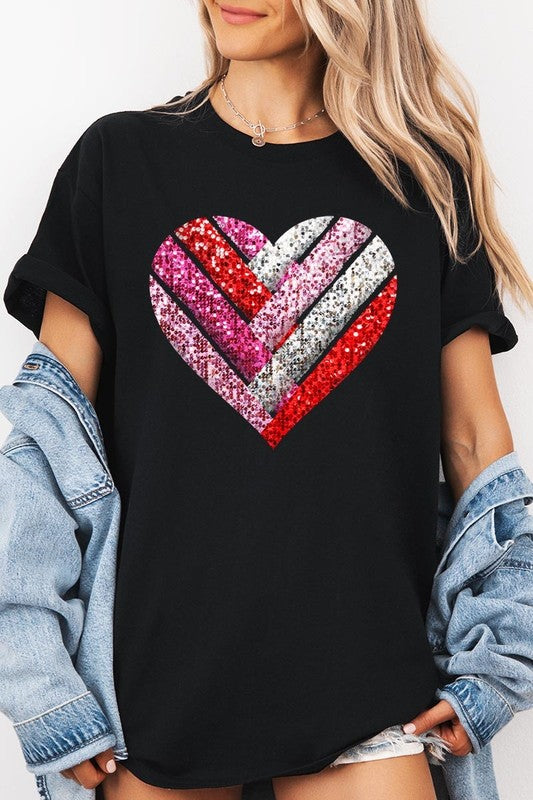 Faux Sequins Striped Heart Graphic Heavy Cotton T