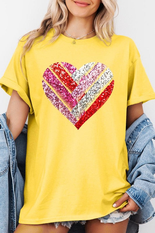 Faux Sequins Striped Heart Graphic Heavy Cotton T