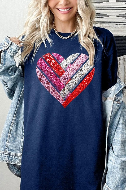 Faux Sequins Striped Heart Graphic Heavy Cotton T