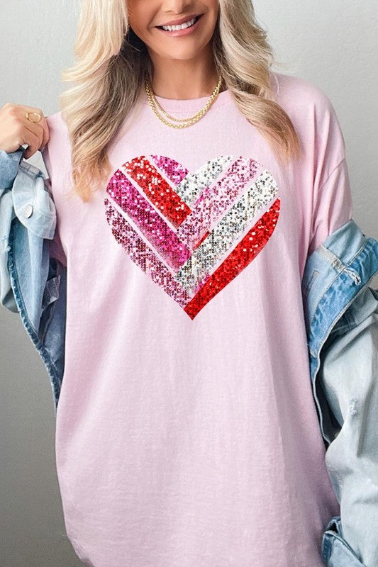 Faux Sequins Striped Heart Graphic Heavy Cotton T