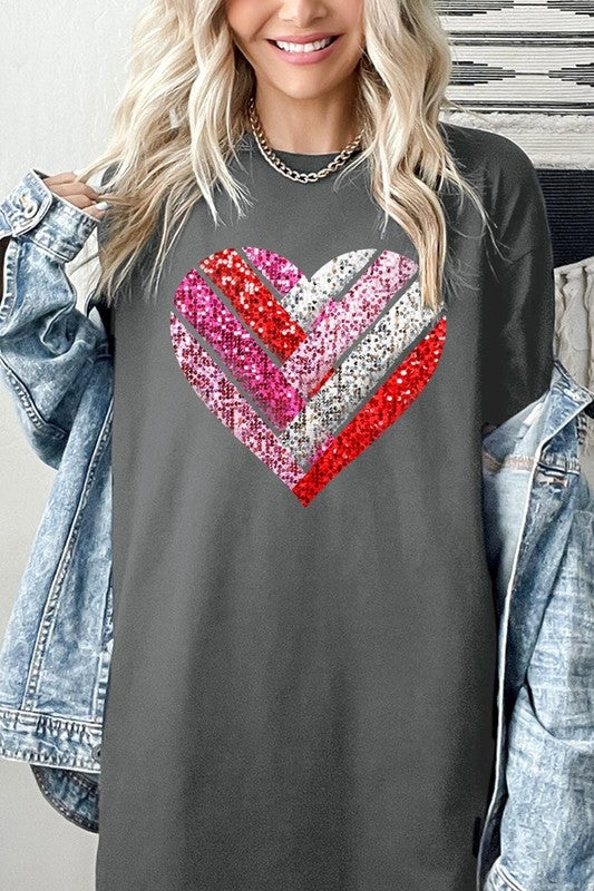 Faux Sequins Striped Heart Graphic Heavy Cotton T