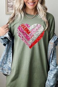 Faux Sequins Striped Heart Graphic Heavy Cotton T