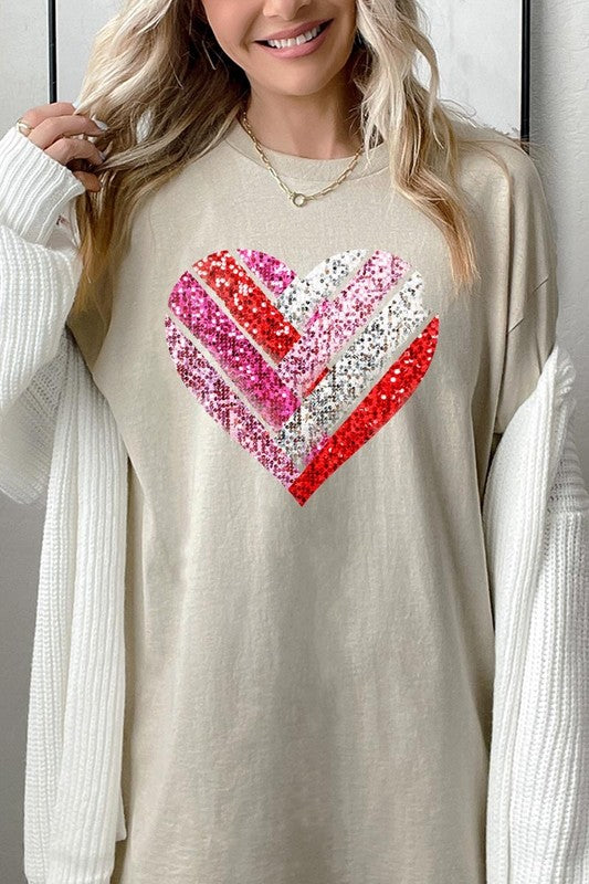 Faux Sequins Striped Heart Graphic Heavy Cotton T