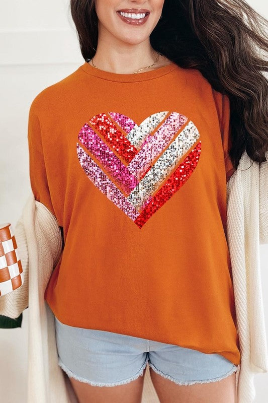 Faux Sequins Striped Heart Graphic Heavy Cotton T