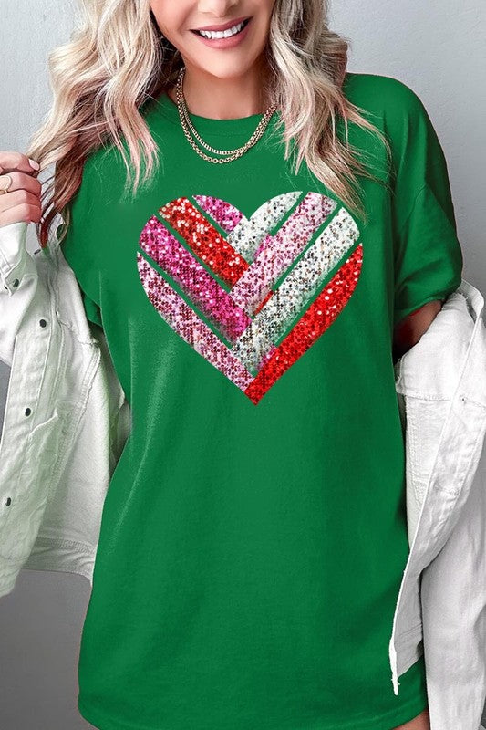 Faux Sequins Striped Heart Graphic Heavy Cotton T