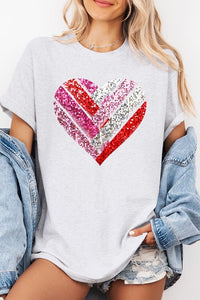 Faux Sequins Striped Heart Graphic Heavy Cotton T