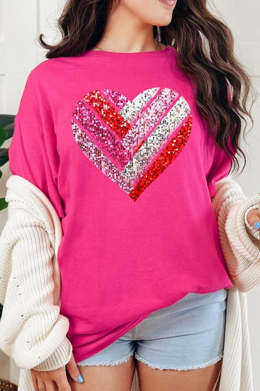 Faux Sequins Striped Heart Graphic Heavy Cotton T