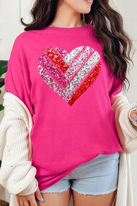 Faux Sequins Striped Heart Graphic Heavy Cotton T