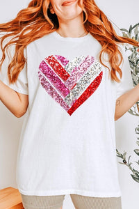 Faux Sequins Striped Heart Graphic Heavy Cotton T