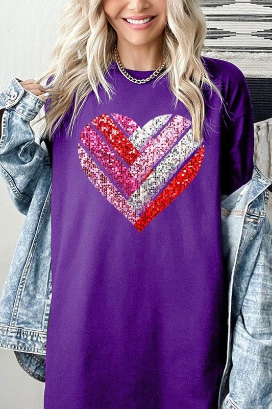 Faux Sequins Striped Heart Graphic Heavy Cotton T