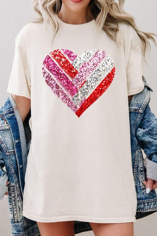 Faux Sequins Striped Heart Graphic Heavy Cotton T